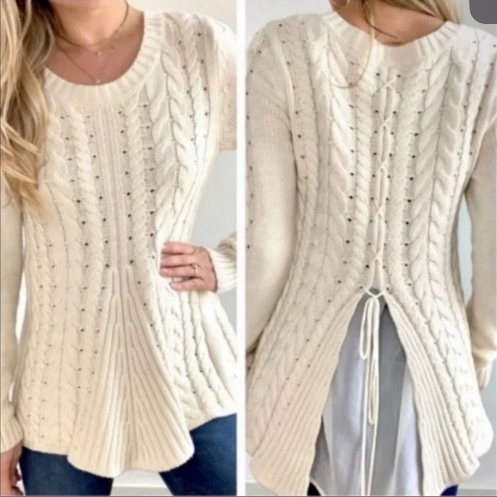 Cabi #3157 Cable Knit Sweater Lace Up Cream Pullover